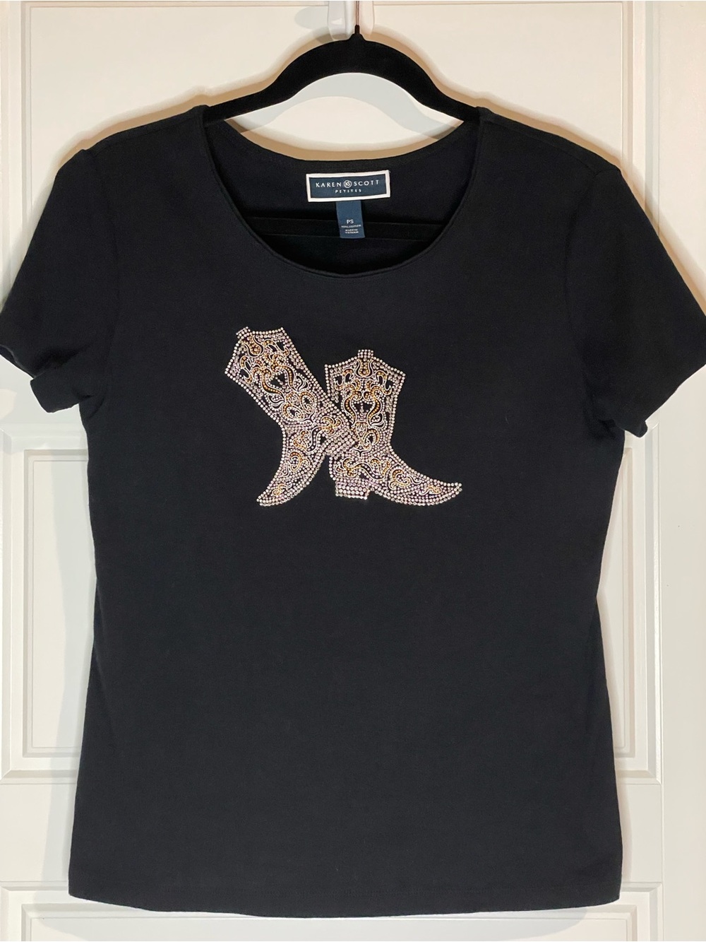 Karen Scott Rhinestone Boot Graphic Tee in Black, PS
